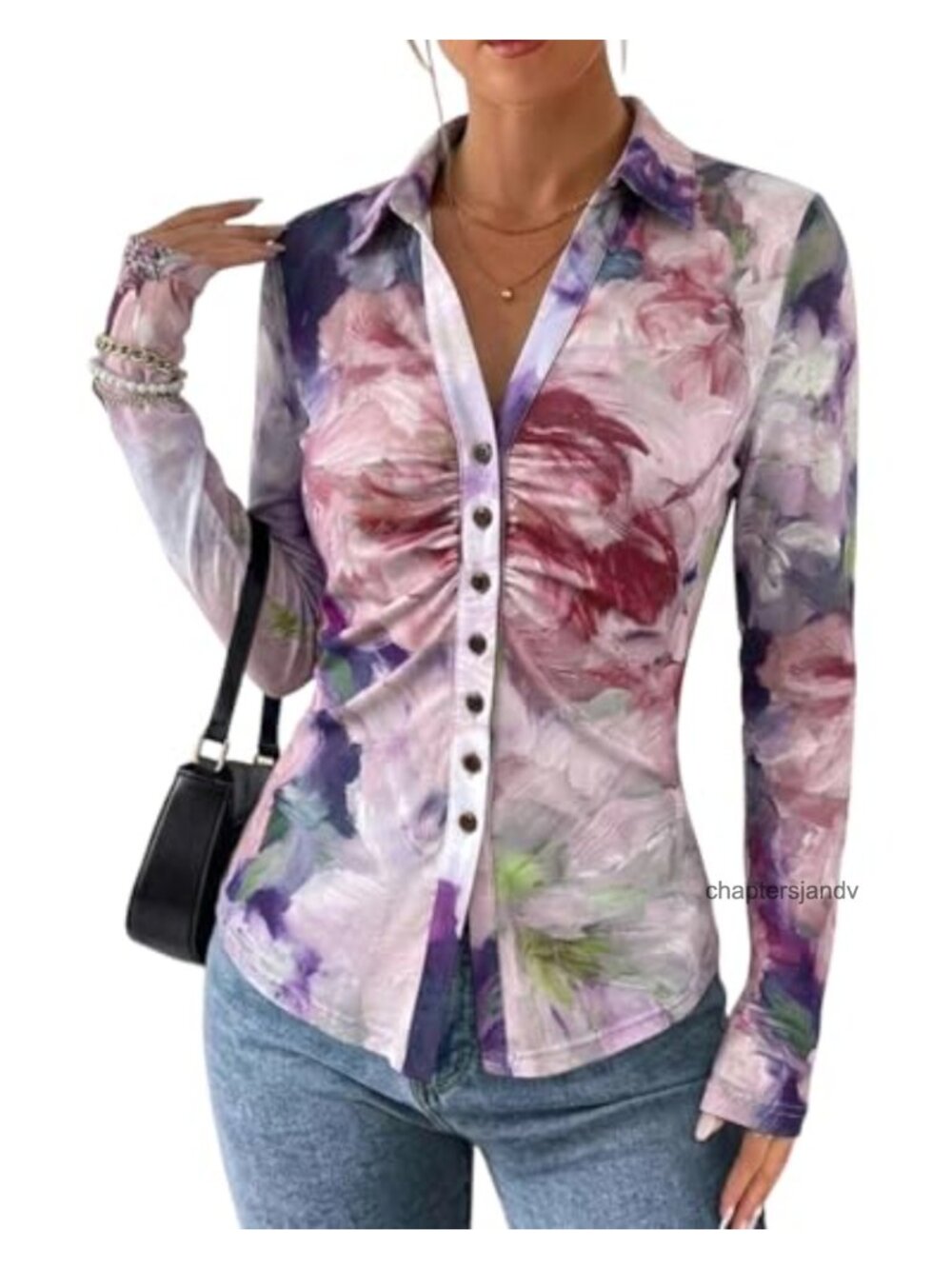 Women's Sheer Mesh Floral Boho Button Down Long Sleeve Shirt